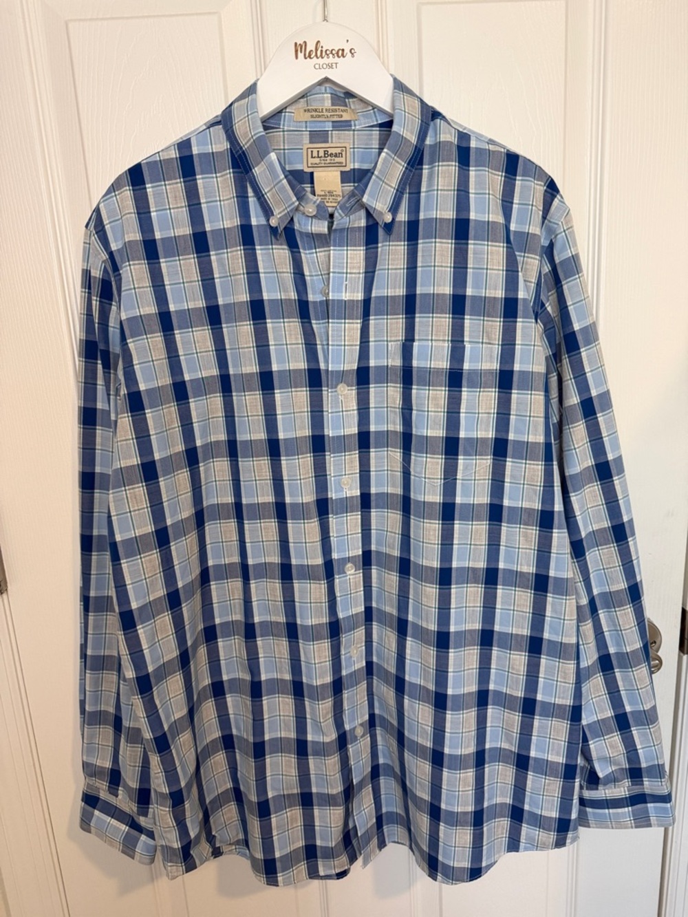 L.L. Bean Wrinkle Resistant Plaid Button Down Shirt Mens L Slightly Fitted Blue